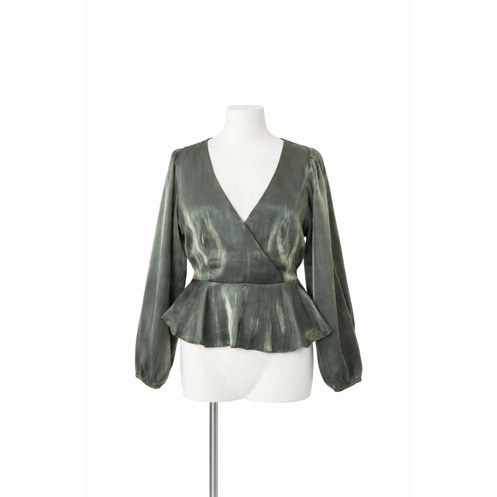 Peach Olive Green Metallic Peplum Wrap Blouse M Long Sleeve‎ Party